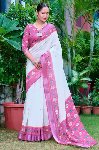 white cotton blend digital print saree
