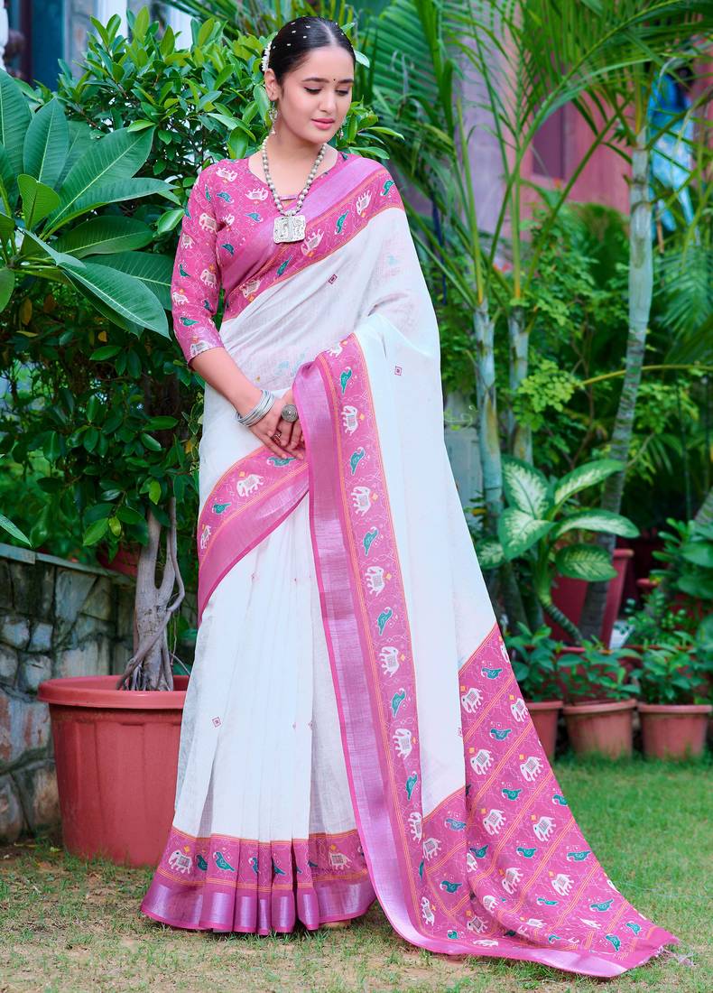 white cotton blend digital print saree (sfcl501)