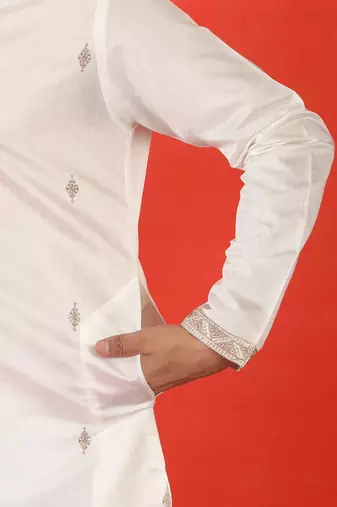 Cotton silk yoke design embroidered white kurta