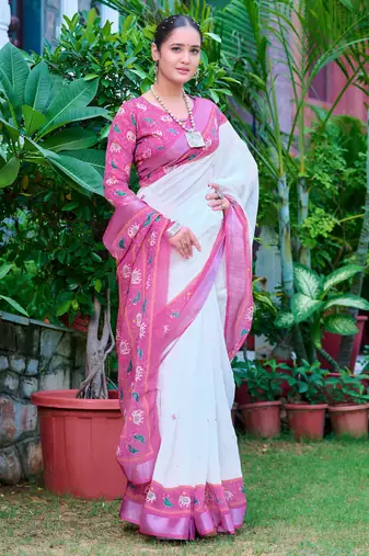 white cotton blend digital print saree