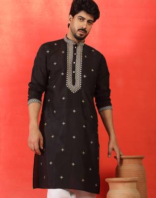 Cotton silk yoke design embroidered black kurta 1