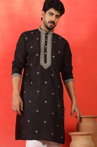 Cotton silk yoke design embroidered black kurta