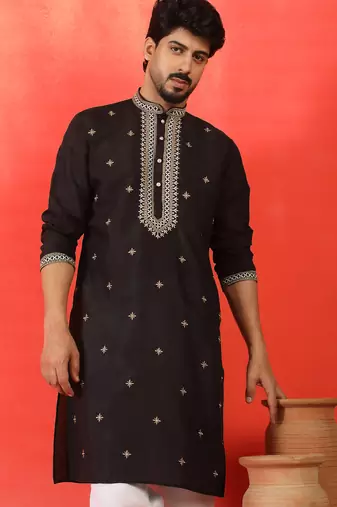 Cotton silk yoke design embroidered black kurta