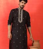 Cotton silk yoke design embroidered black kurta