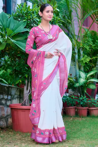 white cotton blend digital print saree