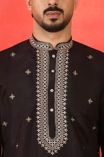 Cotton silk yoke design embroidered black kurta