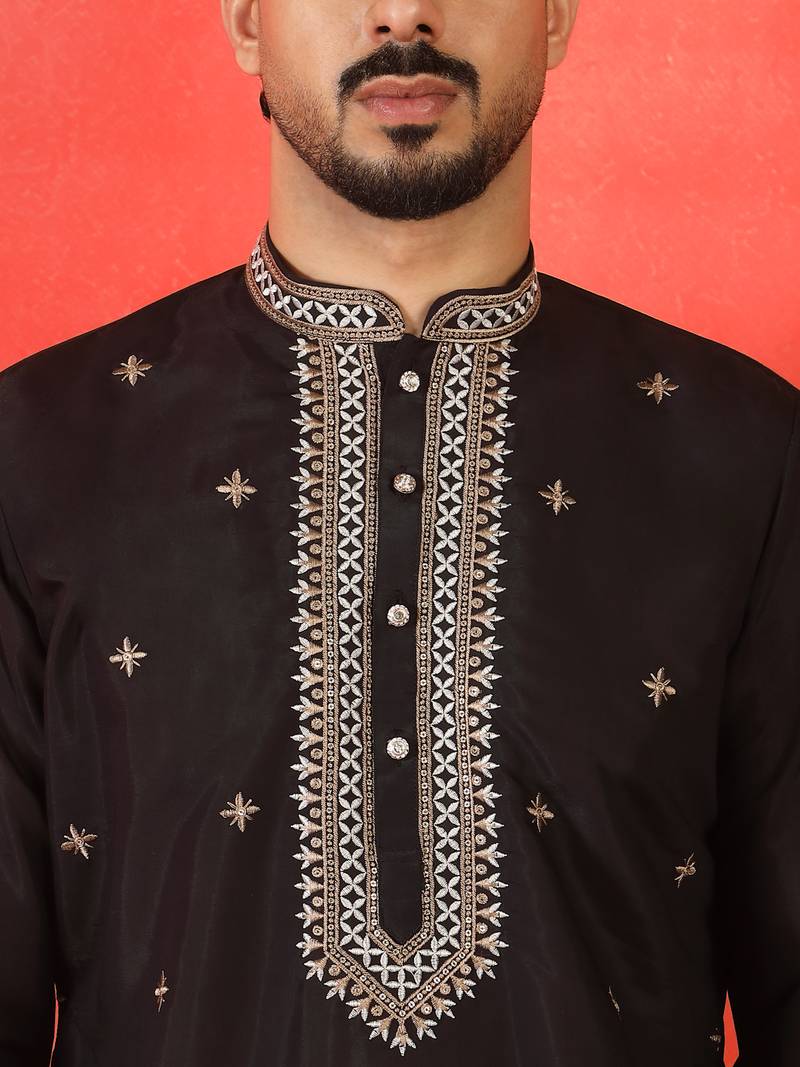 Cotton silk yoke design embroidered black kurta