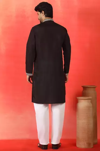 Cotton silk yoke design embroidered black kurta