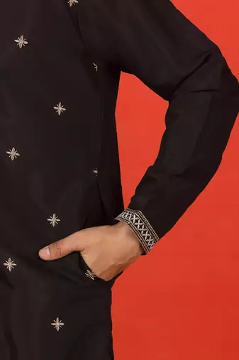 Cotton silk yoke design embroidered black kurta