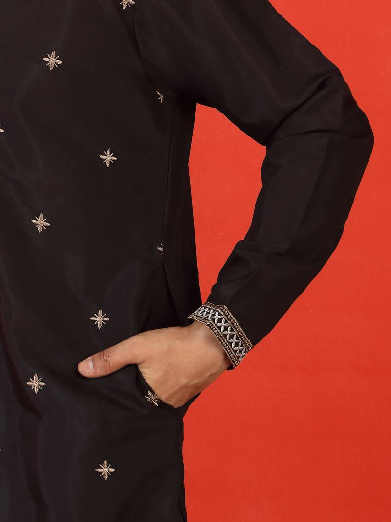 Cotton silk yoke design embroidered black kurta