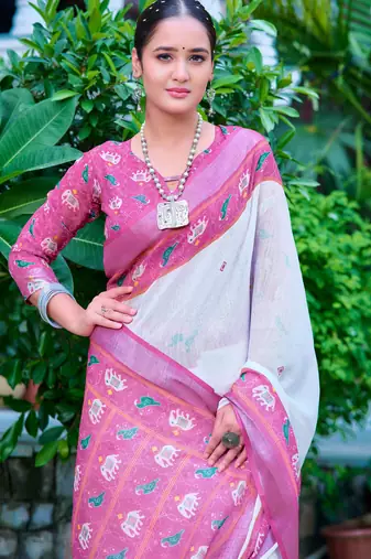 white cotton blend digital print saree