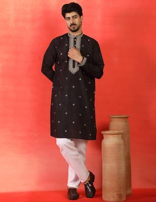 Cotton silk yoke design embroidered black kurta 5