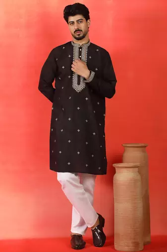 Cotton silk yoke design embroidered black kurta