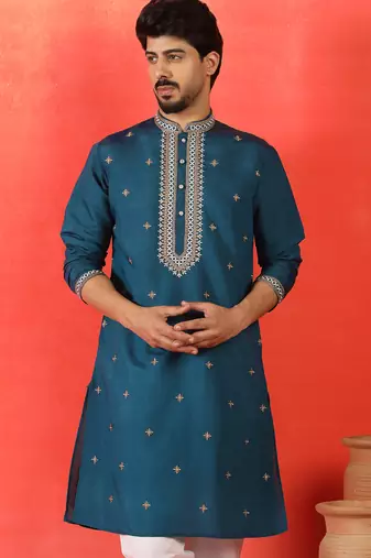 Cotton silk yoke design embroidered blue kurta