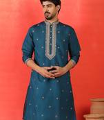 Cotton silk yoke design embroidered blue kurta