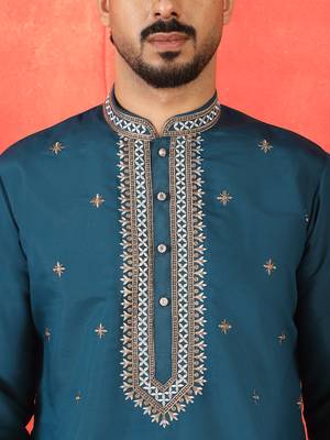 Cotton silk yoke design embroidered blue kurta 2