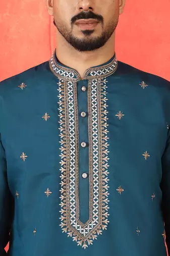 Cotton silk yoke design embroidered blue kurta