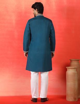 Cotton silk yoke design embroidered blue kurta 3