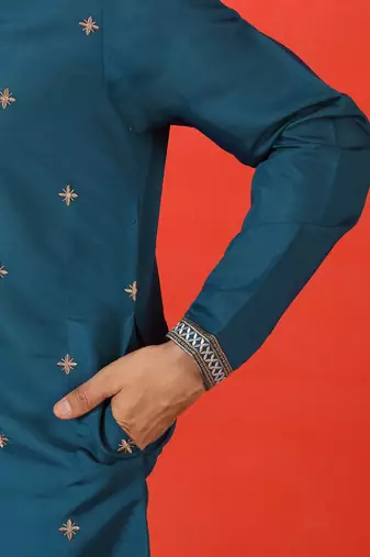 Cotton silk yoke design embroidered blue kurta