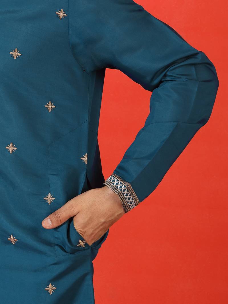 Cotton silk yoke design embroidered blue kurta