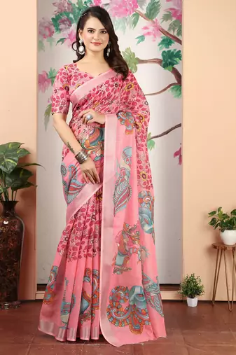 dark green cotton blend digital print saree