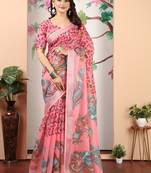dark green cotton blend digital print saree