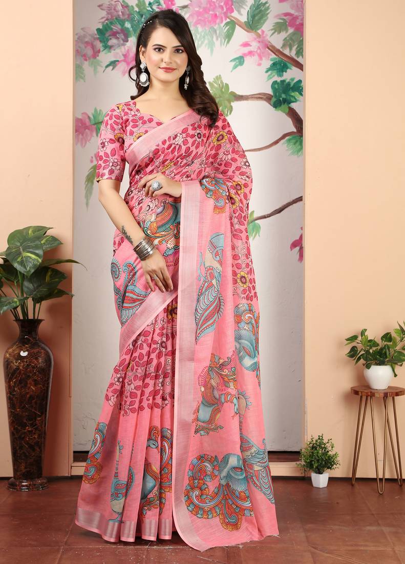 dark green cotton blend digital print saree (sfcl254)