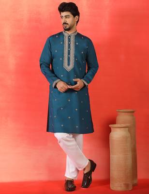 Cotton silk yoke design embroidered blue kurta 5
