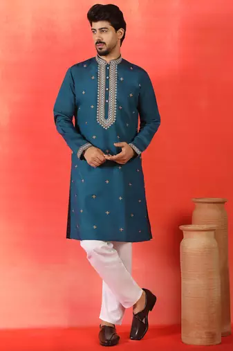 Cotton silk yoke design embroidered blue kurta