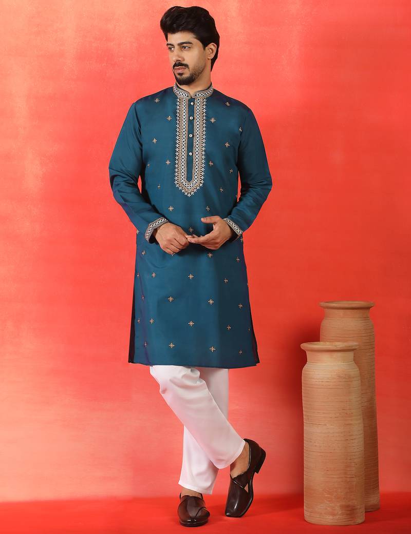 Cotton silk yoke design embroidered blue kurta