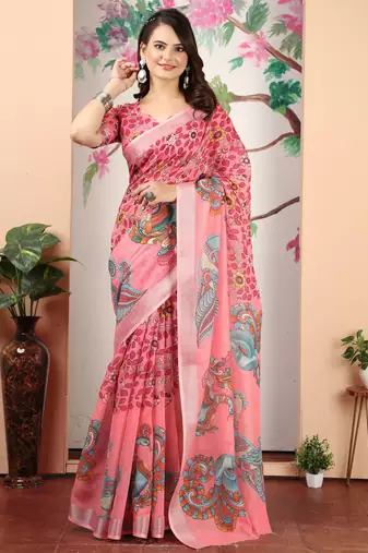 dark green cotton blend digital print saree