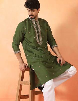 Cotton silk yoke design embroidered green kurta 1