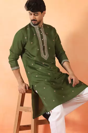 Cotton silk yoke design embroidered green kurta