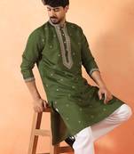 Cotton silk yoke design embroidered green kurta