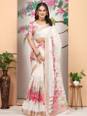 white cream cotton blend digital print saree 1