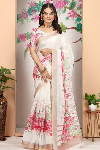 white cream cotton blend digital print saree