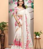 white cream cotton blend digital print saree