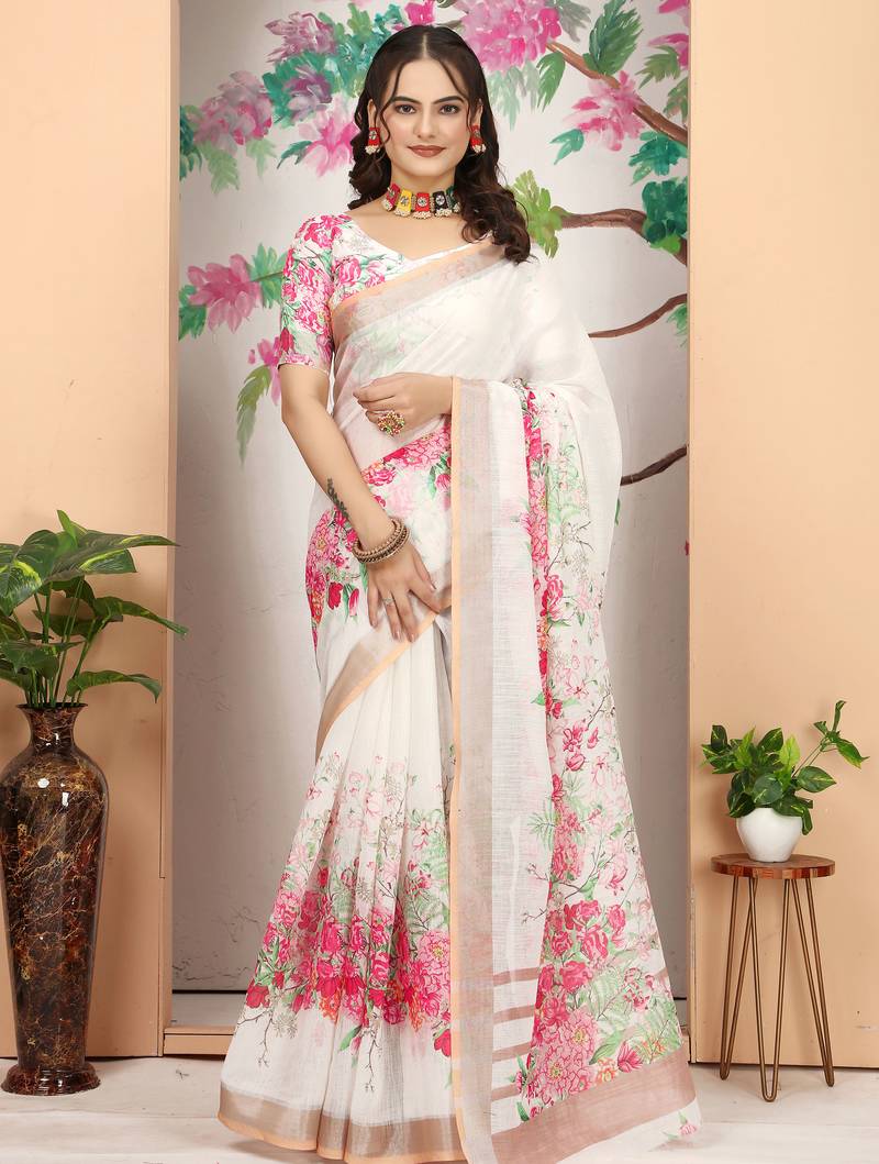 white cream cotton blend digital print saree (sfcl248)