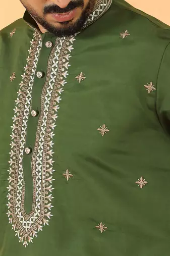 Cotton silk yoke design embroidered green kurta