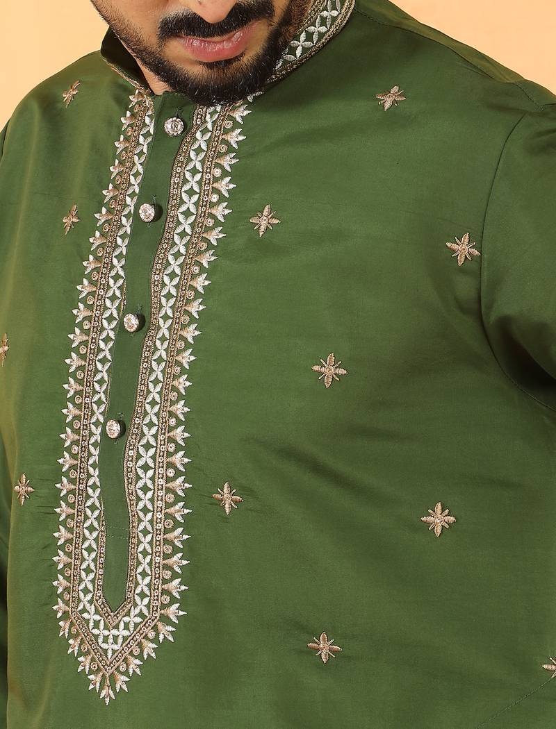 Cotton silk yoke design embroidered green kurta