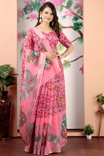 dark green cotton blend digital print saree