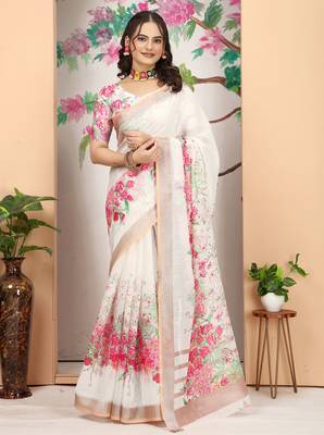 white cream cotton blend digital print saree 2