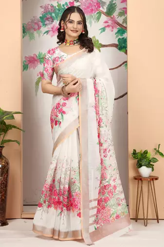 white cream cotton blend digital print saree