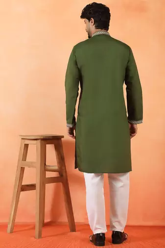 Cotton silk yoke design embroidered green kurta