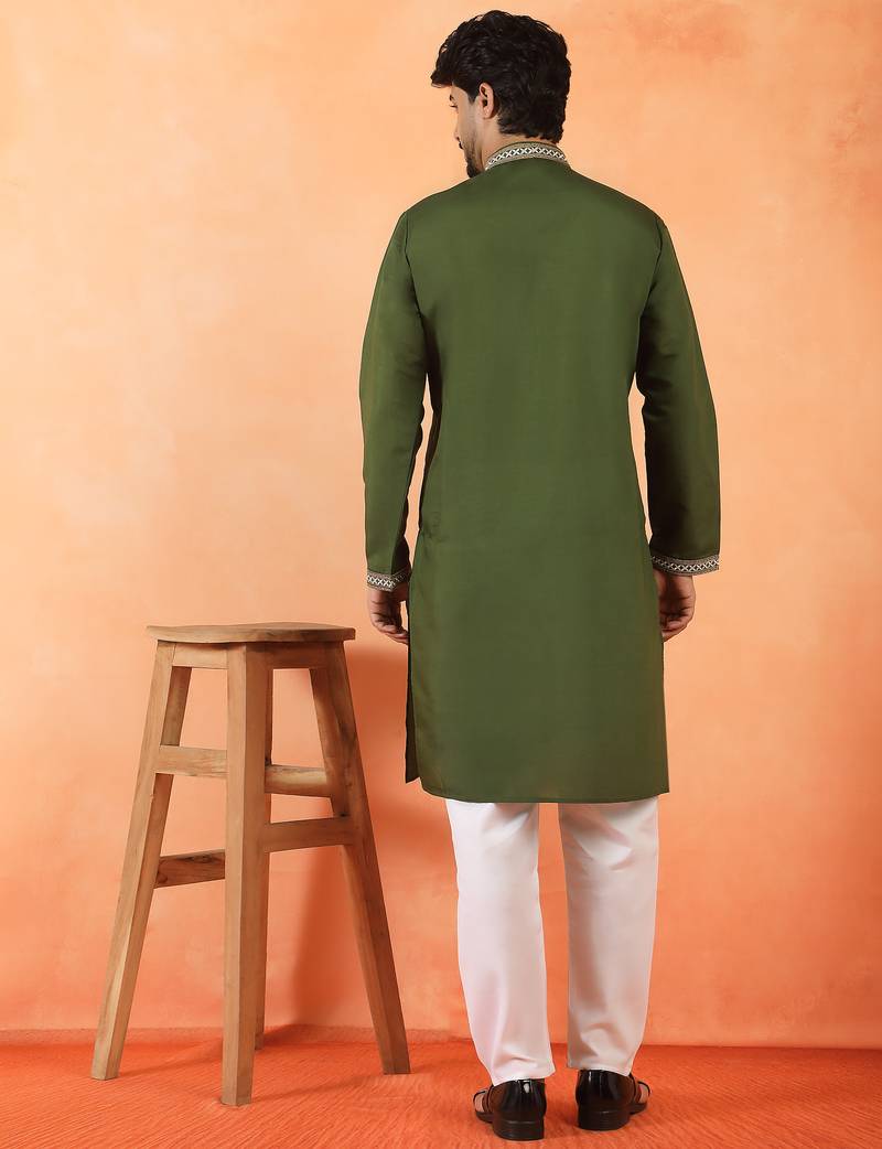 Cotton silk yoke design embroidered green kurta