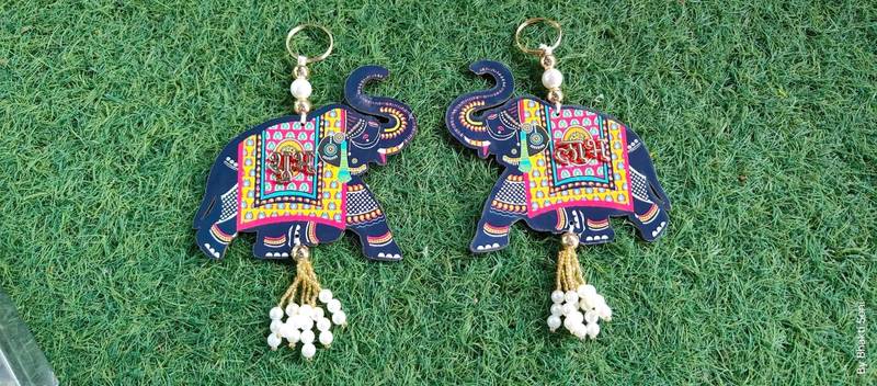  handmade elephant shubh labh hanging decorative pearl festive home wall hanging (pack of 2)