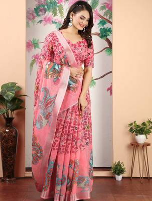 dark green cotton blend digital print saree 4