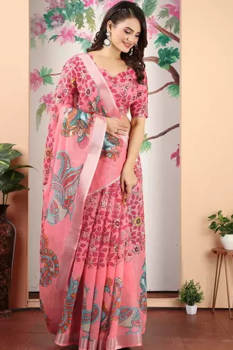 dark green cotton blend digital print saree
