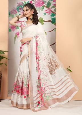 white cream cotton blend digital print saree 3