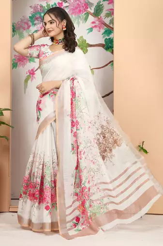 white cream cotton blend digital print saree